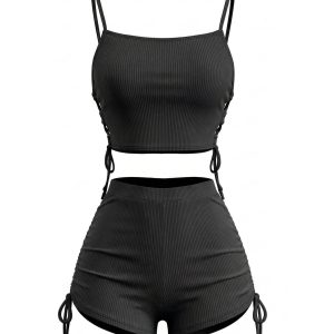 Vintage 1940s Spaghetti Strap Ruched Tankini Set