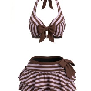 [Pre-Sale] Violet 1950s Striped Halter Bow Ruffle Bikini Set