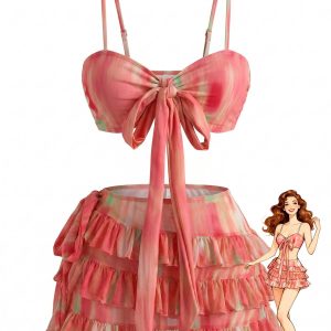 3PCS Watermelon Red 1960s Bikini Set & Tiered Ruffle Cover-up