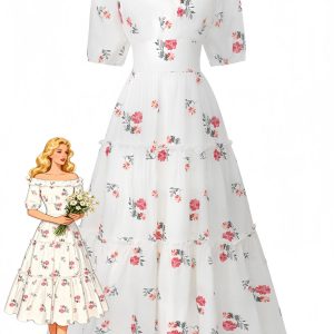 White 1930s Floral Ruffled Off-Shoulder Puff Dress