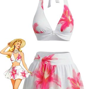 White 1930s Lily Floral Halter Wrap Mesh Skirt Bikini Set