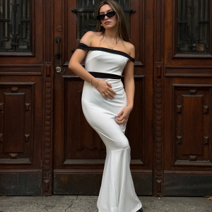 White 1930s Off-Shoulder Fishtail Dress