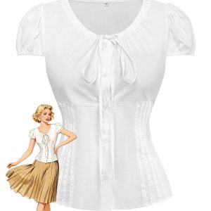 White 1940s Round Neck Fitted Waist Solid Blouse