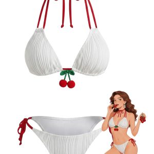 White 1950s Cherry Halter Tie-Side Ribbed Bikini Set
