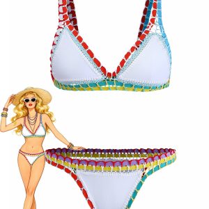 White 1950s Colorful Knit Halter Bikini Set