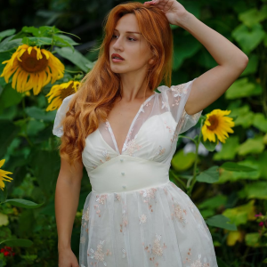 White 1950s Deep V-Neck Embroidered Floral Dress
