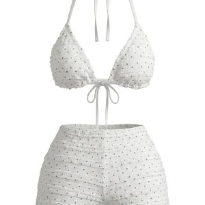 White 1950s Halter Polka Dot Ruched Bikini Set