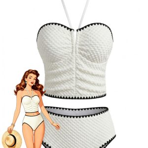 White 1950s Halter Strapless Textured Tankini Set