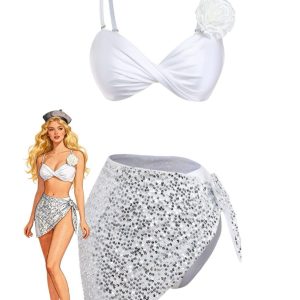 White 1950s Rose Satin-Finish Bikini Set & Cover-Up