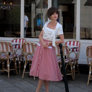 Red 1940s Buttoned Stripes Skirt