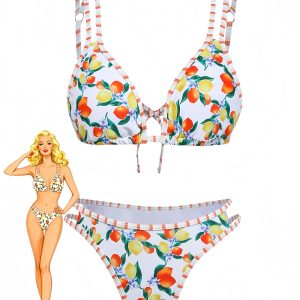 White 1960s Citrus Triangle-Strap Bikini Set