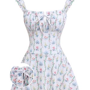 White 1970s Floral Ruffle Cap-Sleeve Square-Neck Swimdress