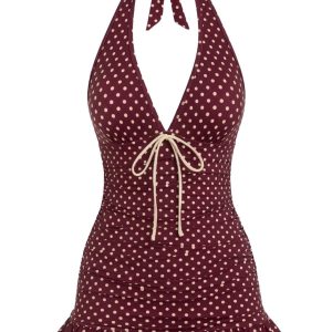 [Pre-Sale] Wine Red 1940s Bow Polka Dot Halter Ruched Swimdress