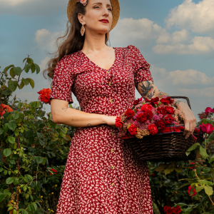 Wine Red 1940s V-Neck Ditsy Floral Dress