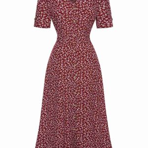 Wine Red 1940s V-Neck Ditsy Floral Dress