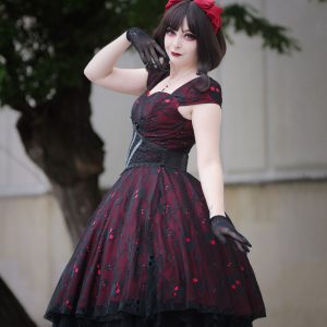 Wine Red 1950s Skull Mesh Swing Dress