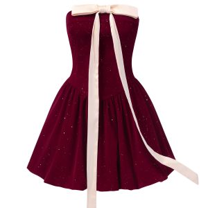 Wine Red 1980s Bow Glitter Tube Top Dress