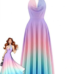 Y2K Cowl Neck Halter Sleeveless Gradient Dress