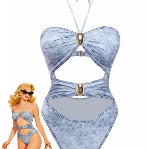 Y2K Denim Print Halter Cut-Out One-Piece Swimsuit