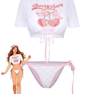 Y2K Halter Textured Floral Bikini Set & Cherry Love Crop Cover-up