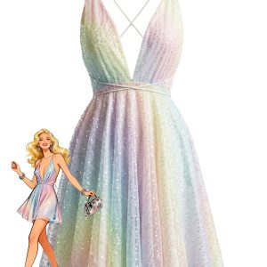 Y2K Rainbow Sequins Deep V-Neck Backless Dress