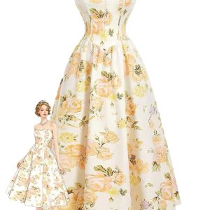 Yellow 1930s Floral Strapless Maxi Dress