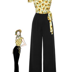 Yellow 1930s Sunflower Oblique Neck Jumpsuit