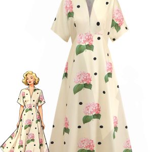Yellow 1940s Floral V-Neck Long Dress