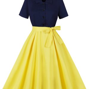 Yellow 1950s Patchwork Shirt Collar Swing Dress
