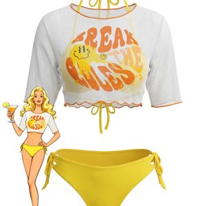 Yellow 1960s Halter Triangle Bikini Set & Sheer Cover-Up