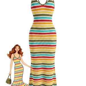 Multicolor 1970s Boho Striped Knit Backless Bodycon Dress