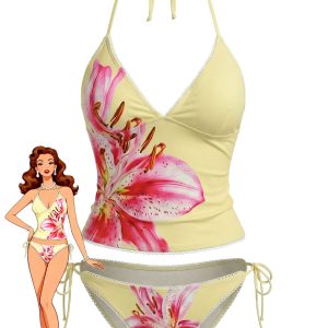 Yellow 1970s Floral Halter Lace-Up Swimsuit