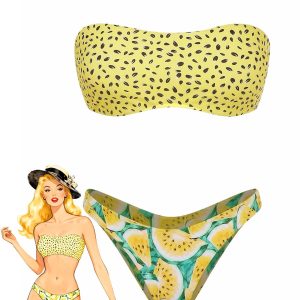 Yellow 1970s Kiwi Print Bandeau Bikini Set